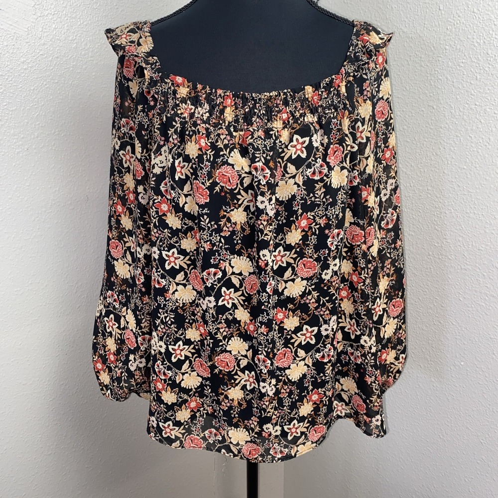 Eclair Blouse Women's Large Multicolor Floral Sheer Lined Off Shoulder Boho